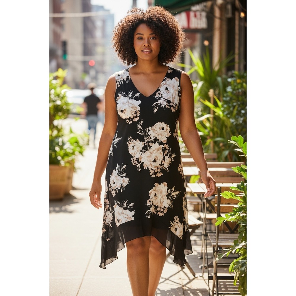 LOFT Size L Floral V-Neck Handkerchief Hem Sleeveless Midi Dress Black RosePrint
